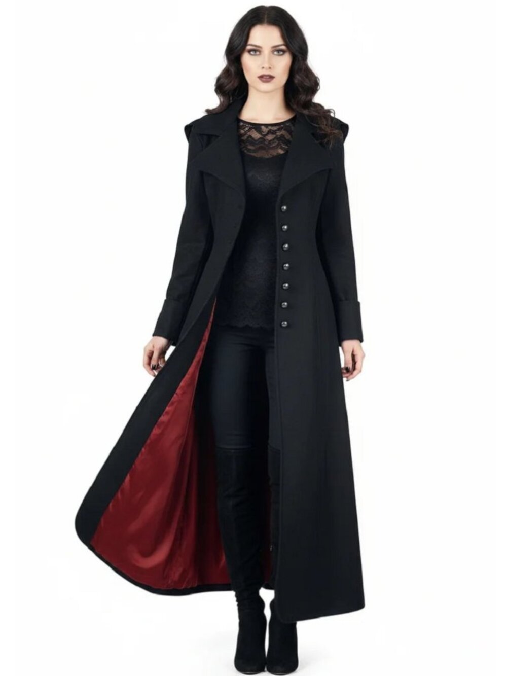 Gothic Ladies Black Long Wool Coat With Wide Collar